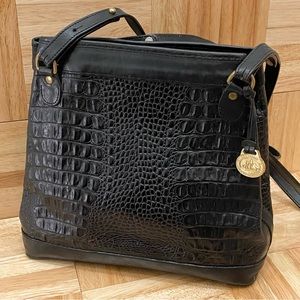 Vintage BRAHMIN Black Embossed Croc Leather Double Strap Bucket Shoulder Bag